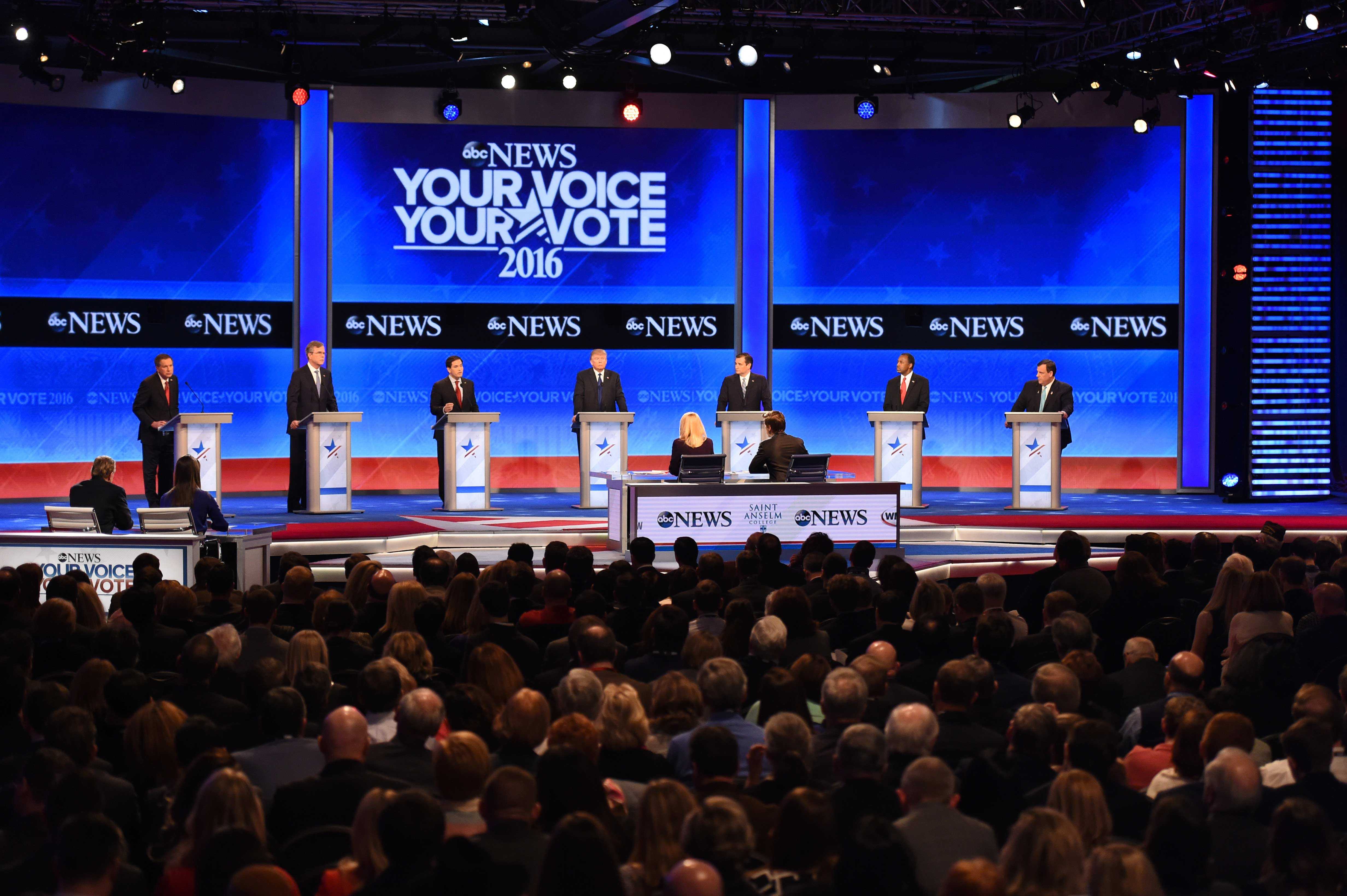From left to right: John Kasich, Jeb Bush, Marco Rubio, Donald Trump, Ted Cruz, Ben Carson and Chris Christie on stage at the GOP presidential debate held at Saint Anselm in February of 2016.