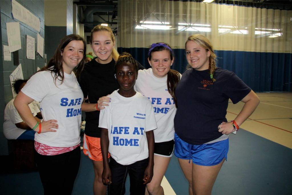 Saint Anselm volunteers showed up in great numbers to participate in the Meelia Centers Safe at Home wiffle ball tournament. Back row from left: Becca Cronin, Haley Jarek, Schyler Crawford, Kasey Chambers