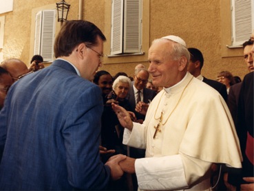 Cardinal Lacroix shaking hands with Pope John Paul II 