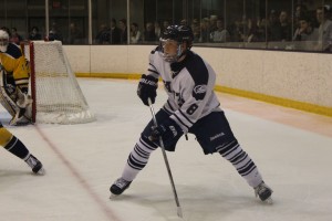 Junior Brendon Kerrigan on the ice for the Hawks against SNHU