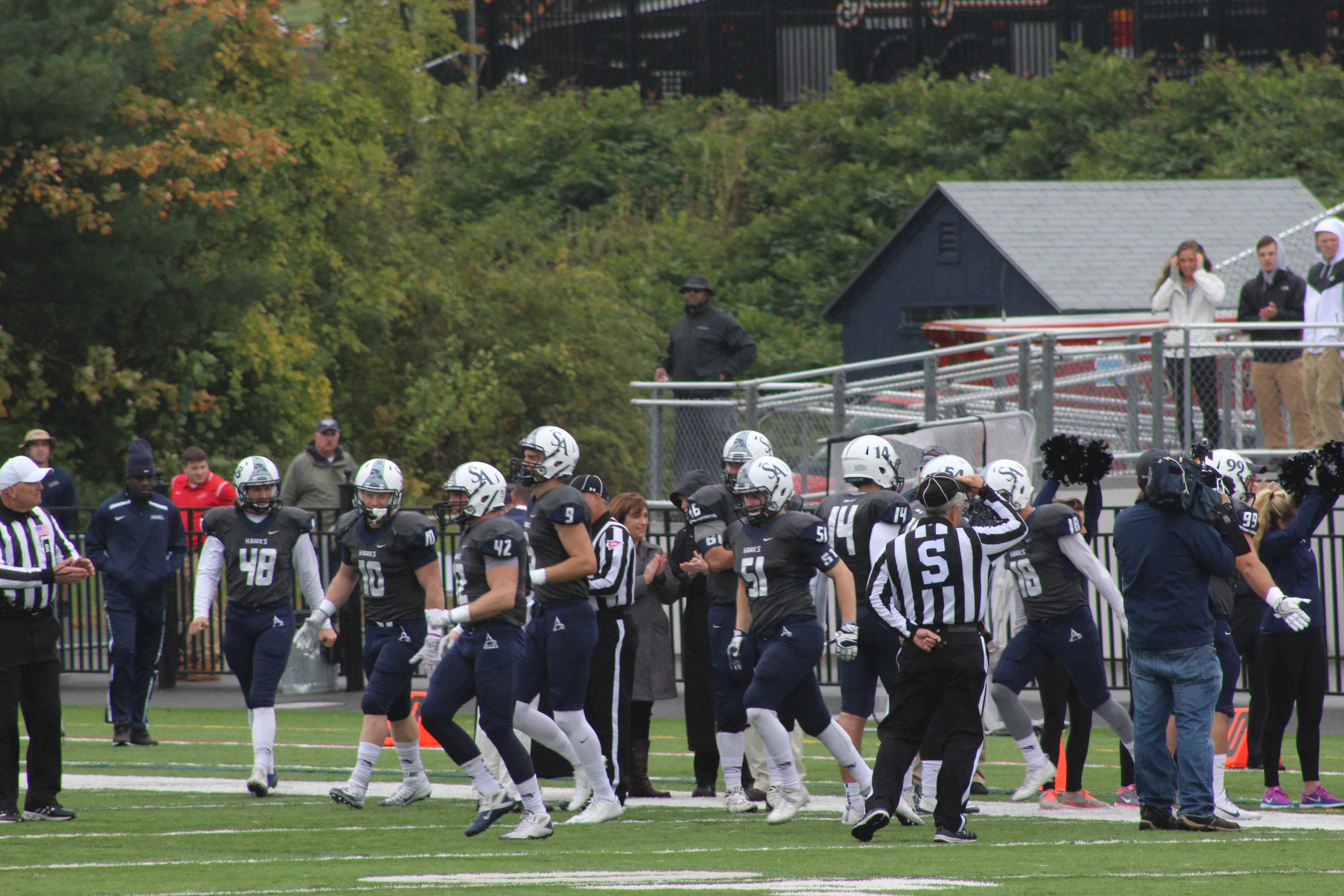 The special teams unit coming onto the field at Grappone Stadium Oct. 1.