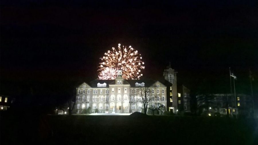 Fireworks over Alumni Hall at the end of the 2013-14 school year.
