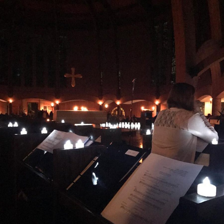 View of luminarias from choir stalls.