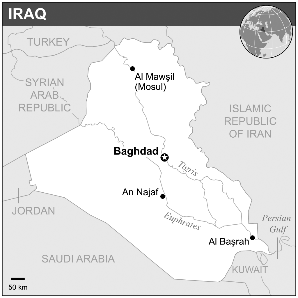 A map of Iraq. Mosul is in the North.