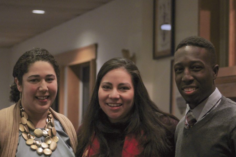 Linda Rey (center) presents Social Justice Award to Stokes ’17 (right) and Professor Brady ’99 (left).
