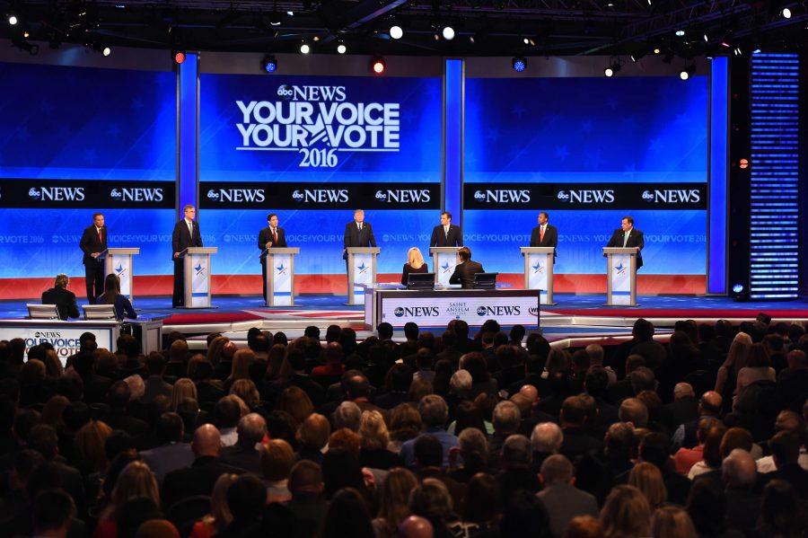 From left to right: John Kasich, Jeb Bush, Marco Rubio, Donald Trump, Ted Cruz, Ben Carson and Chris Christie on stage at the GOP presidential debate held at Saint Anselm in February of 2016.