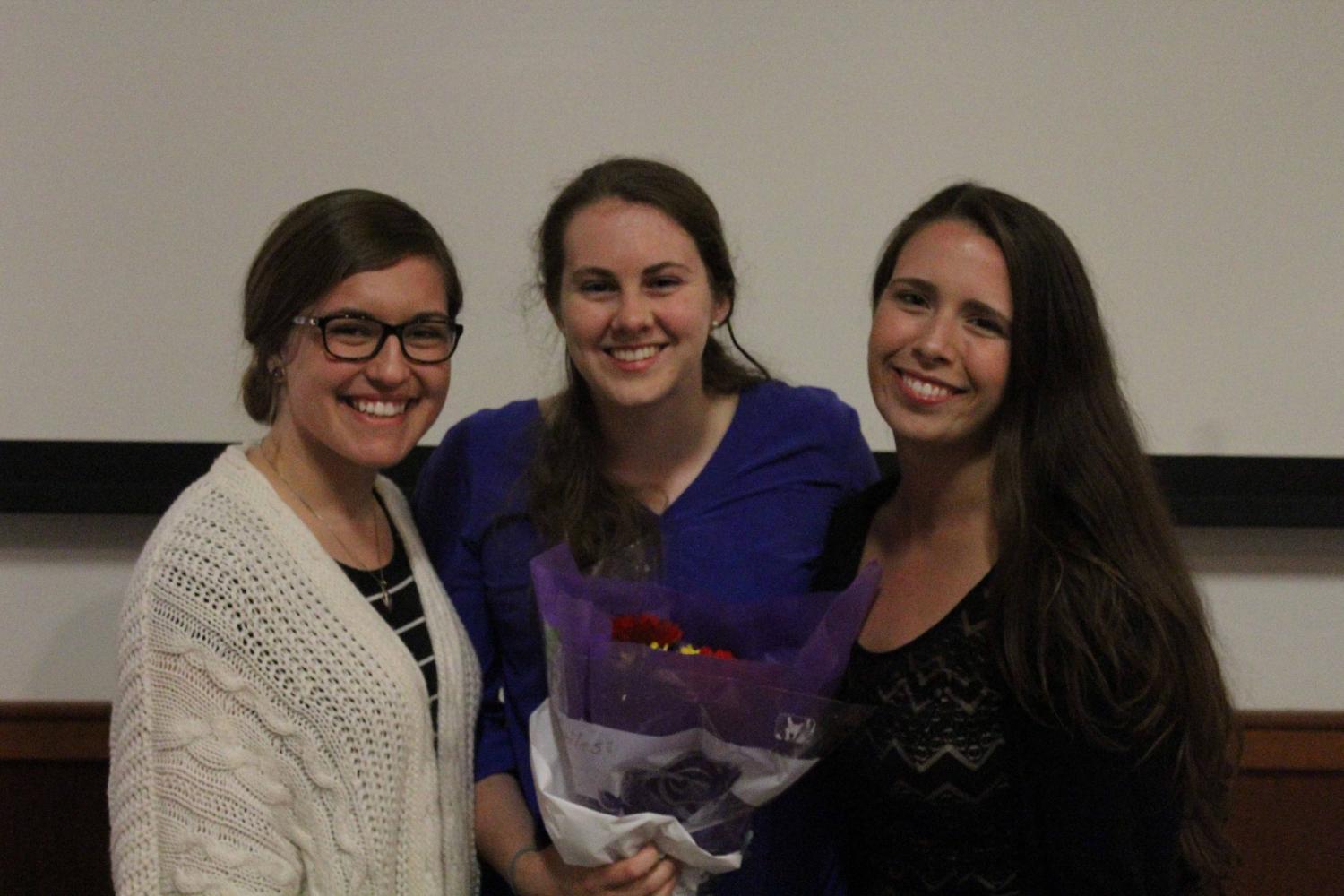 Leahy award recipient Heather Tagg ’17 (middle) with her Service and Solidarity

leaders Cassidy Diaz ’19 (left) and Jasmine Blais ’17 (right).
