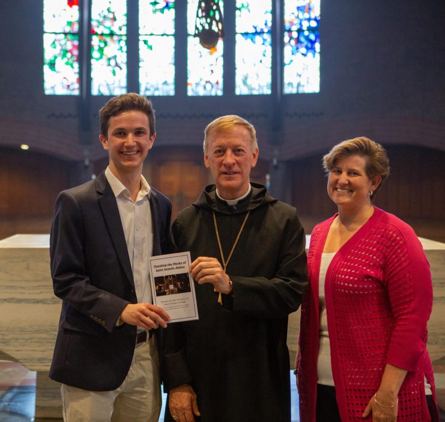 Left to right: Christopher Millet ’21, Abbot Mark, and Susan Gabert