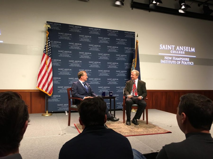 Former WMUR political director Josh McElveen (left) seated with Need to Impeach founder Tom Steyer (right)