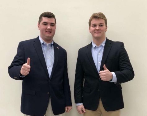 Student Government Association President, Richard Rit Flandreau 22 (right) and Vice-President Kevin Chrishom 22 (left) pose for a picture with a thumbs-up approval of the new administration. 