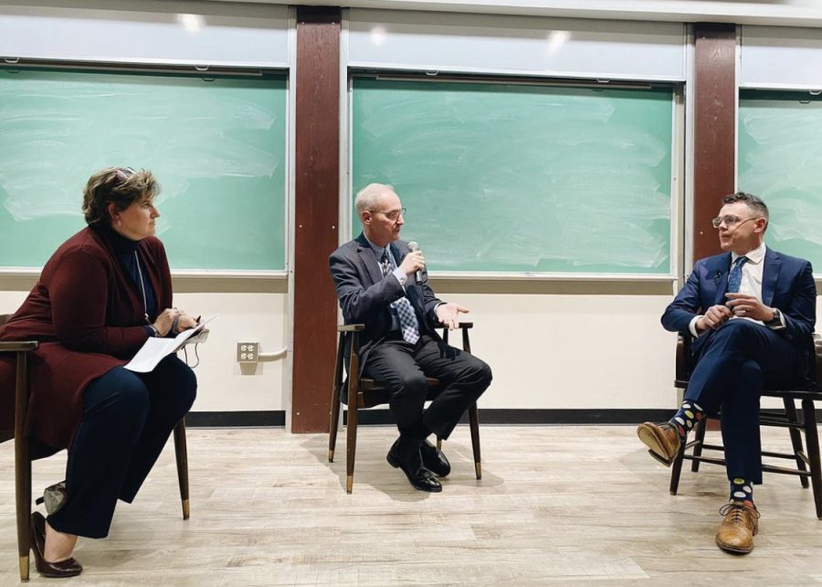 Dean Susan Gabert and Dr. Ward Holder asking questions to writer and alumni Michael OLoughlin on January 31