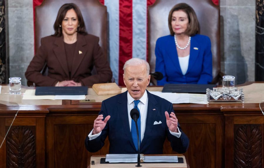 WASHINGTON, DC - MARCH 01:  U.S. President Joe Biden delivers the State of the Union address during a joint session of Congress in the U.S. Capitol’s House Chamber on March 1, 2022 in Washington, DC. During his first State of the Union address, Biden was expected to speak on his administration’s efforts to lead a global response to the Russian invasion of Ukraine, work to curb inflation and to bring the country out of the COVID-19 pandemic.  (Photo by Jim Lo Scalzo-Pool/Getty Images)