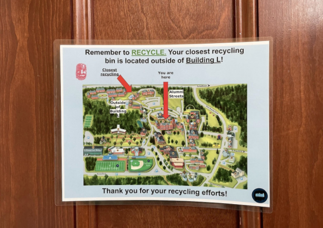 Posters like this are located across campus, detailing where recycling bins are