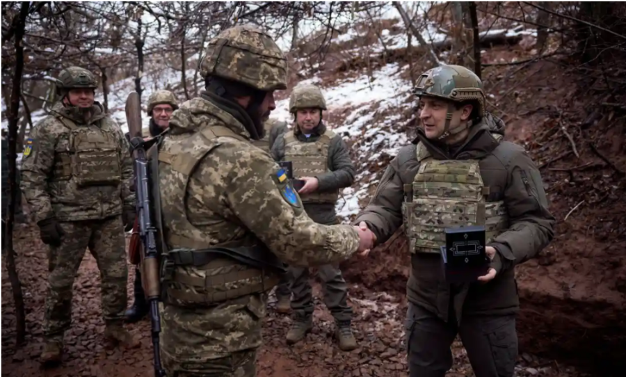 Ukraine president Volodymyr Zelenskyy visited front line soldiers backin in December of 2021