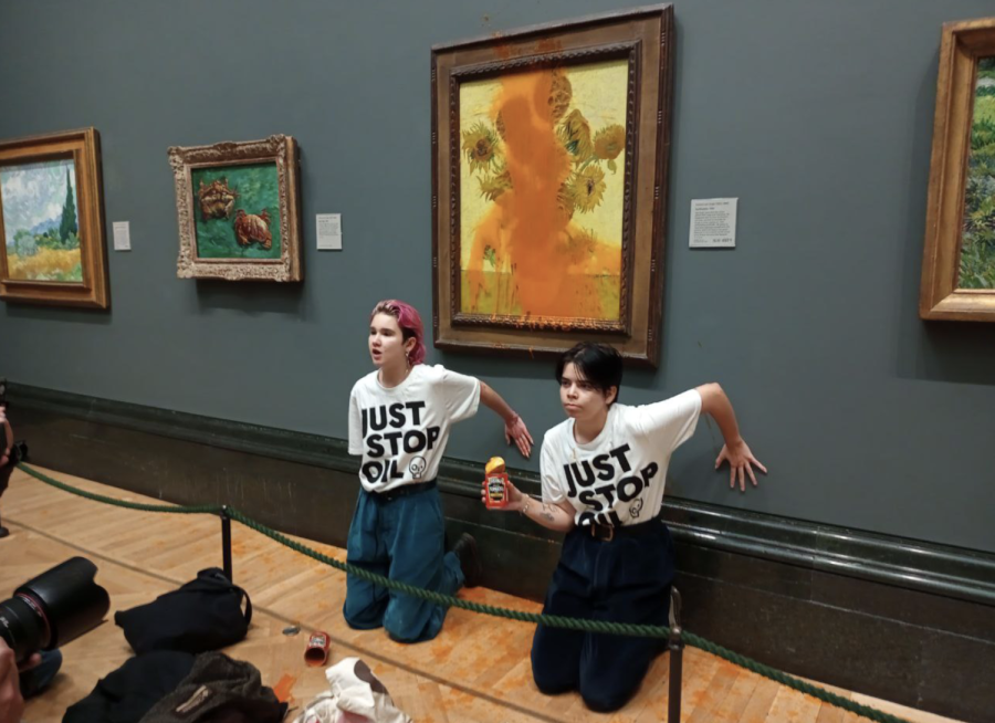 Just Stop Oil supporters throw soup over Van Gogh’s Sunflowers and glued their hands to the wall