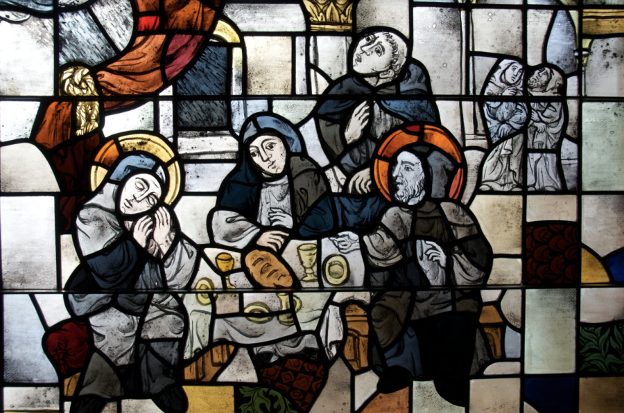 Stained glass at the Abbey depicts Saints Scholastica and Benedict that fateful night