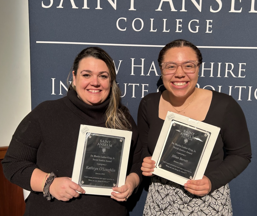 Campus+Ministry+director+Kat+O%E2%80%99Loughlin+and+Jill+Barrett+%E2%80%9824+were+honored%0Awith+Social+Justice+Award+for+their+equity-oriented+work+on+campus.