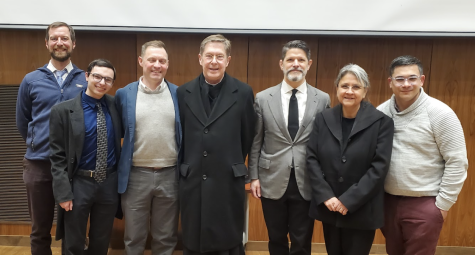 Left to right: Prof. Rugani (Theology), Tom Canuel ‘24, Prof. Daly, Fr. Bene-
dict Guevin, OSB, Profs. Bidlack, Pilarski, and Ruiz (Theology)