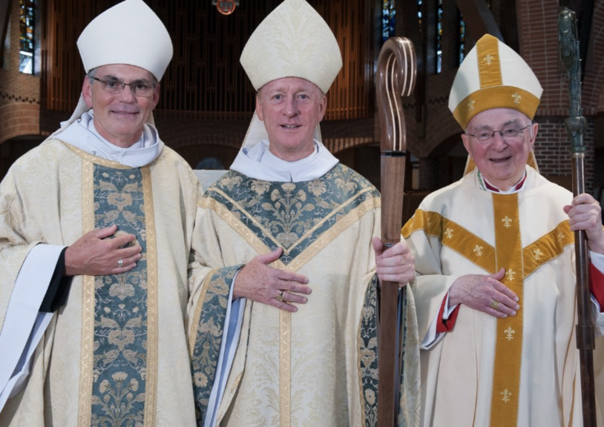 From left, Abbot Matthew K. Leavy, who served from 1986-2012, Abbot Mark A.
Cooper, newly elected, and Bishop Joseph J. Gerry, retired bishop of Portland, Maine, and Abbot Matthew’s predecessor who served from 1971-1986 for at the 2012 blessing of Abbot Mark.