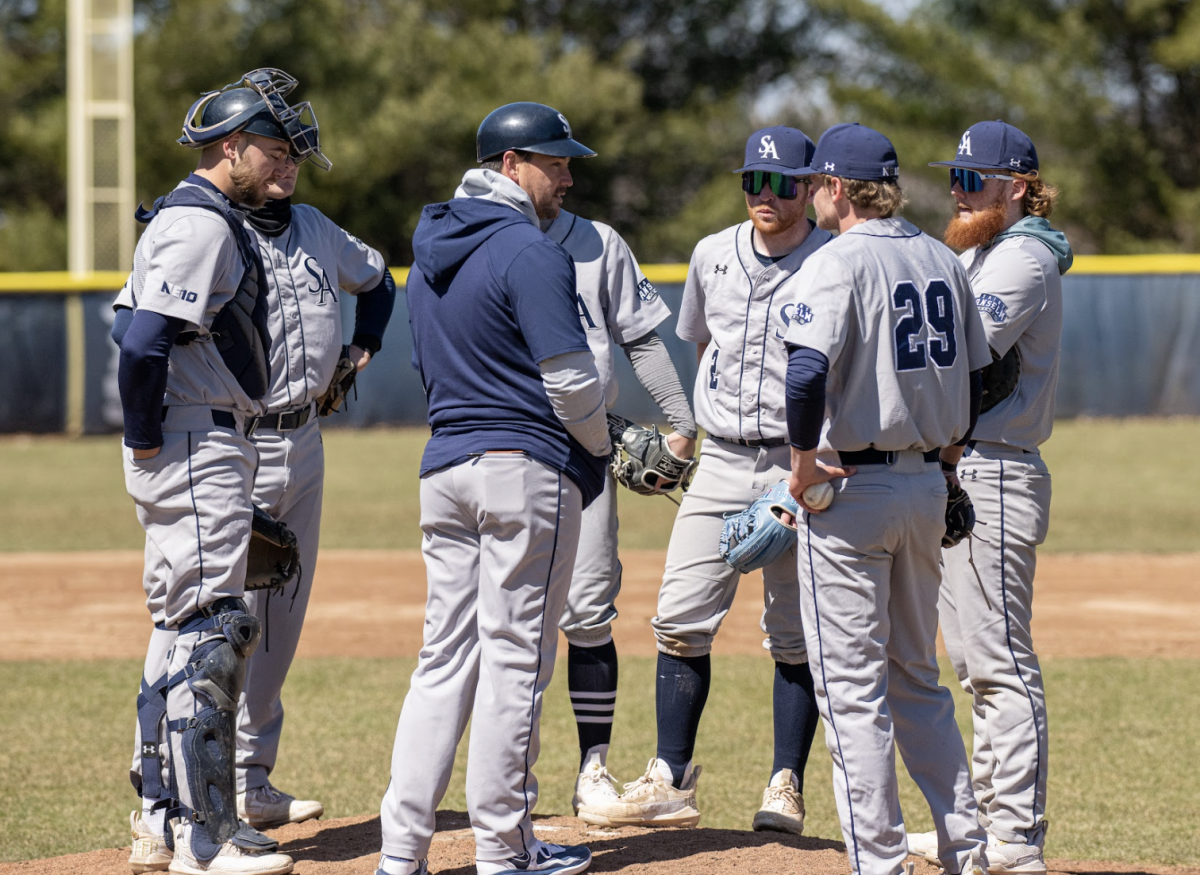 Saint+Anselm+pitching+staff+during+a+game+against+SNHU+in+April+2023.