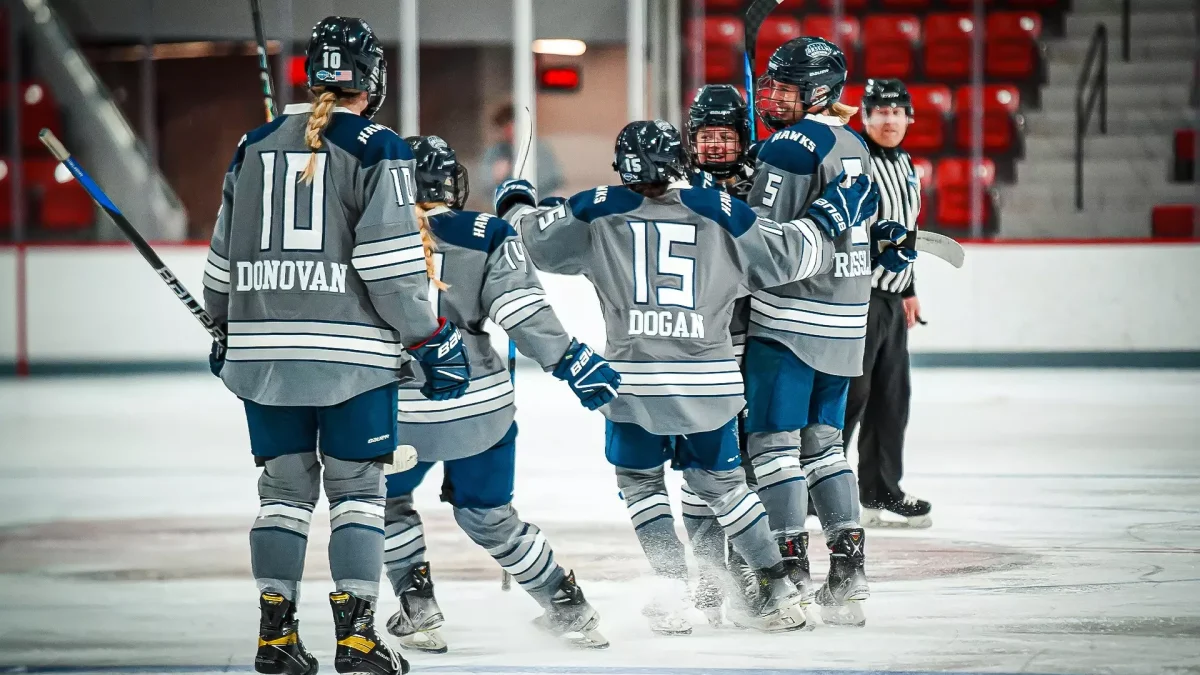  Women’s Hockey team scoring in game against Saint Michaels in overtime.