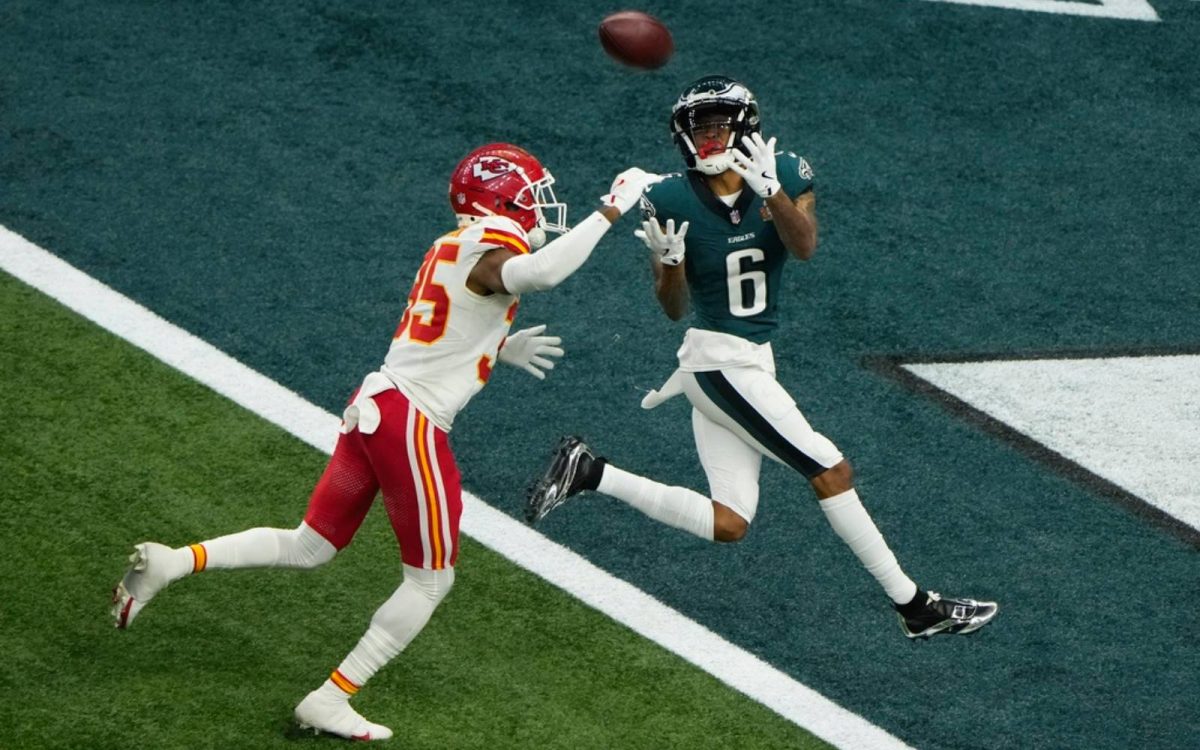 The Eagles’ DeVonta Smith prepares for a touch down during Philadeplhia’s winning Super Bowl game. 