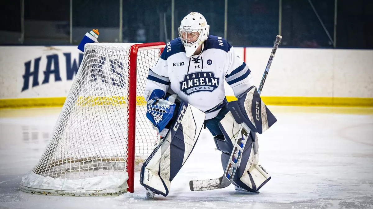  Ice Hockey goalie in game agaisnt Assumption.