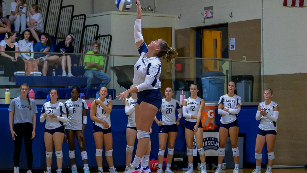 Number 4, Hollyn Frano, serving against Minnesota Crookston in home match September 5th, 2025